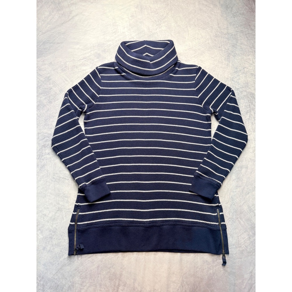 LL Bean Womens Navy Blue Striped Waffle Knit Turtleneck Top preppy‎ minimalist
